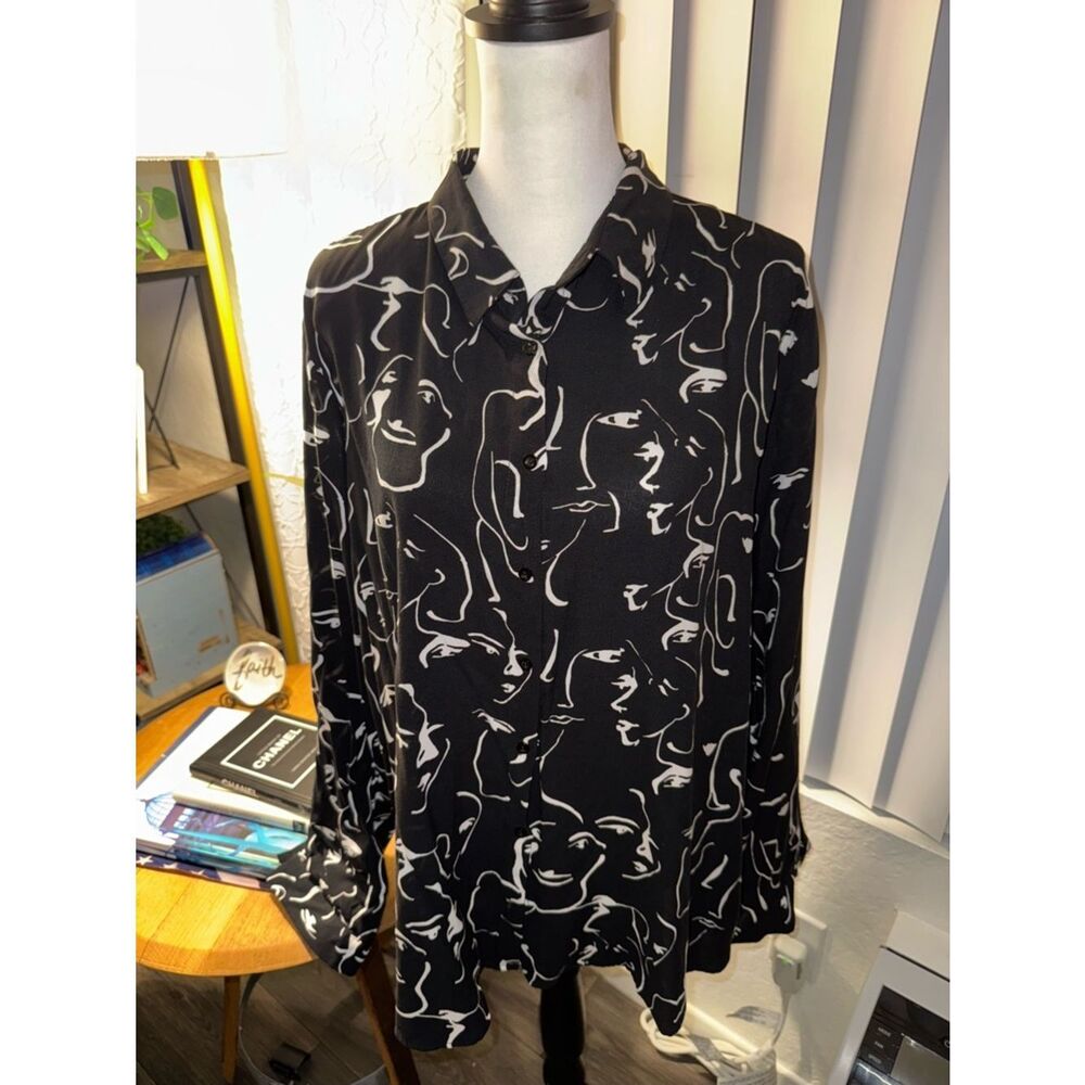 Black Button-Up Shirt with Abstract White Face Print
